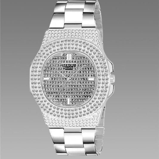 Golden Stone Studded Diamond Wrist Watch For Boys & Men